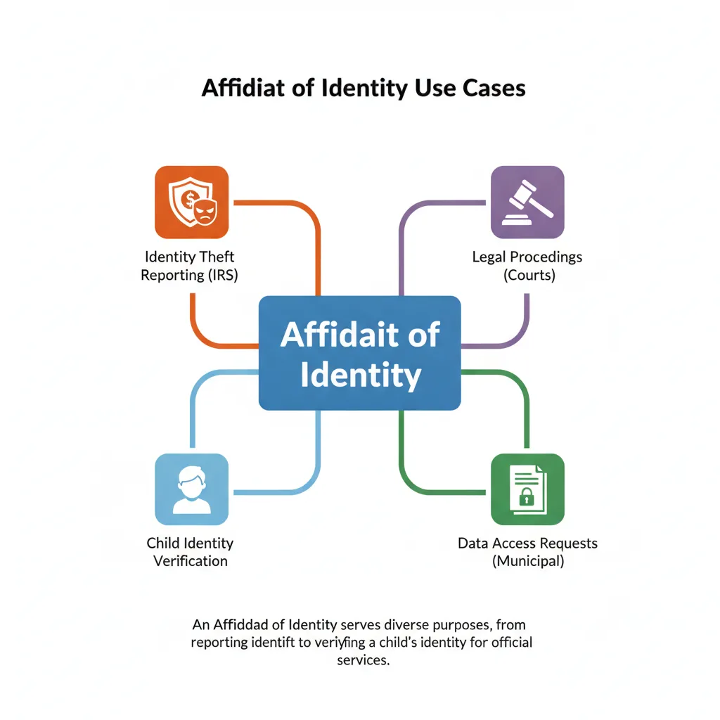 Diagram showing various uses of an Affidavit of Identity, including for identity theft, legal proceedings, child identity verification, and data access requests.