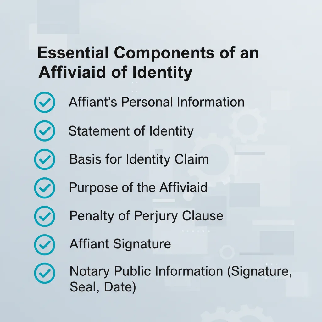 Checklist graphic listing the essential components typically found in an Affidavit of Identity, such as personal information, statement of identity, and notary details.