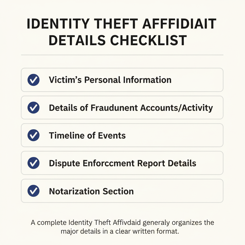 Checklist of details commonly addressed in a Identity Theft Affidavit.