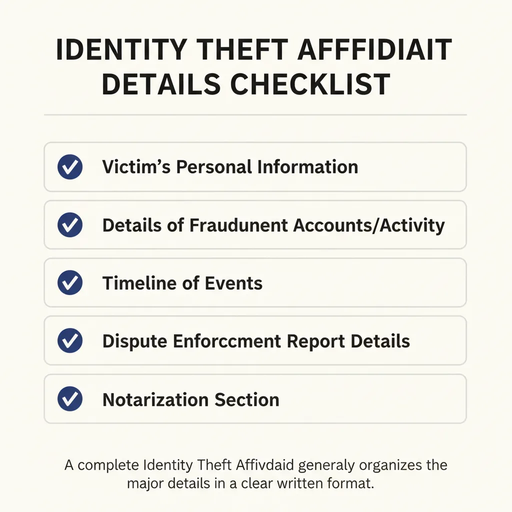 Checklist of details commonly addressed in a Identity Theft Affidavit.