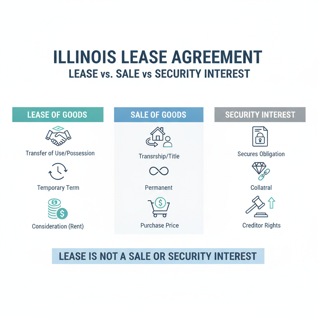 Comparison diagram showing the distinctions between a Lease of Goods, a Sale of Goods, and a Security Interest under Illinois law.