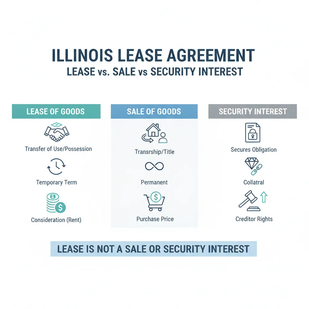 Comparison diagram showing the distinctions between a Lease of Goods, a Sale of Goods, and a Security Interest under Illinois law.
