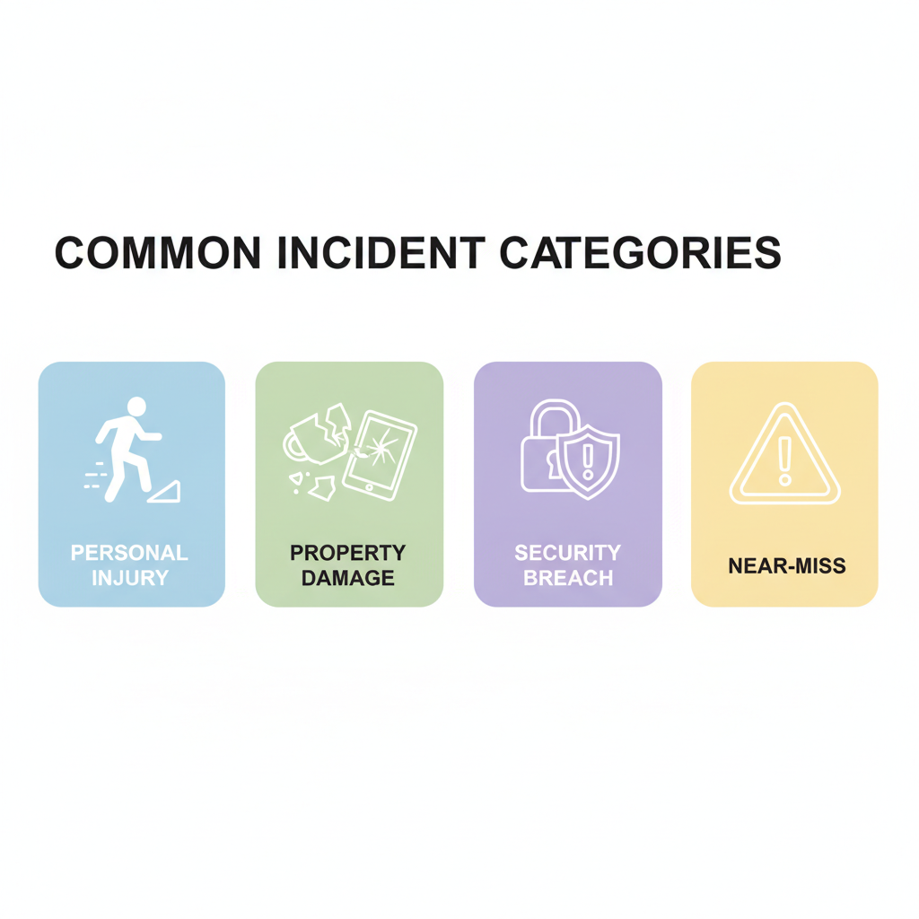 Illustration depicting various types of incidents like personal injury, property damage, security breaches, and near-misses.