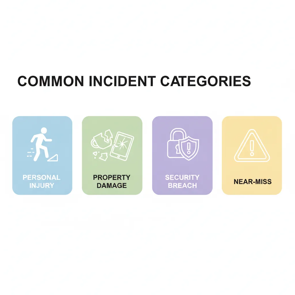 Illustration depicting various types of incidents like personal injury, property damage, security breaches, and near-misses.