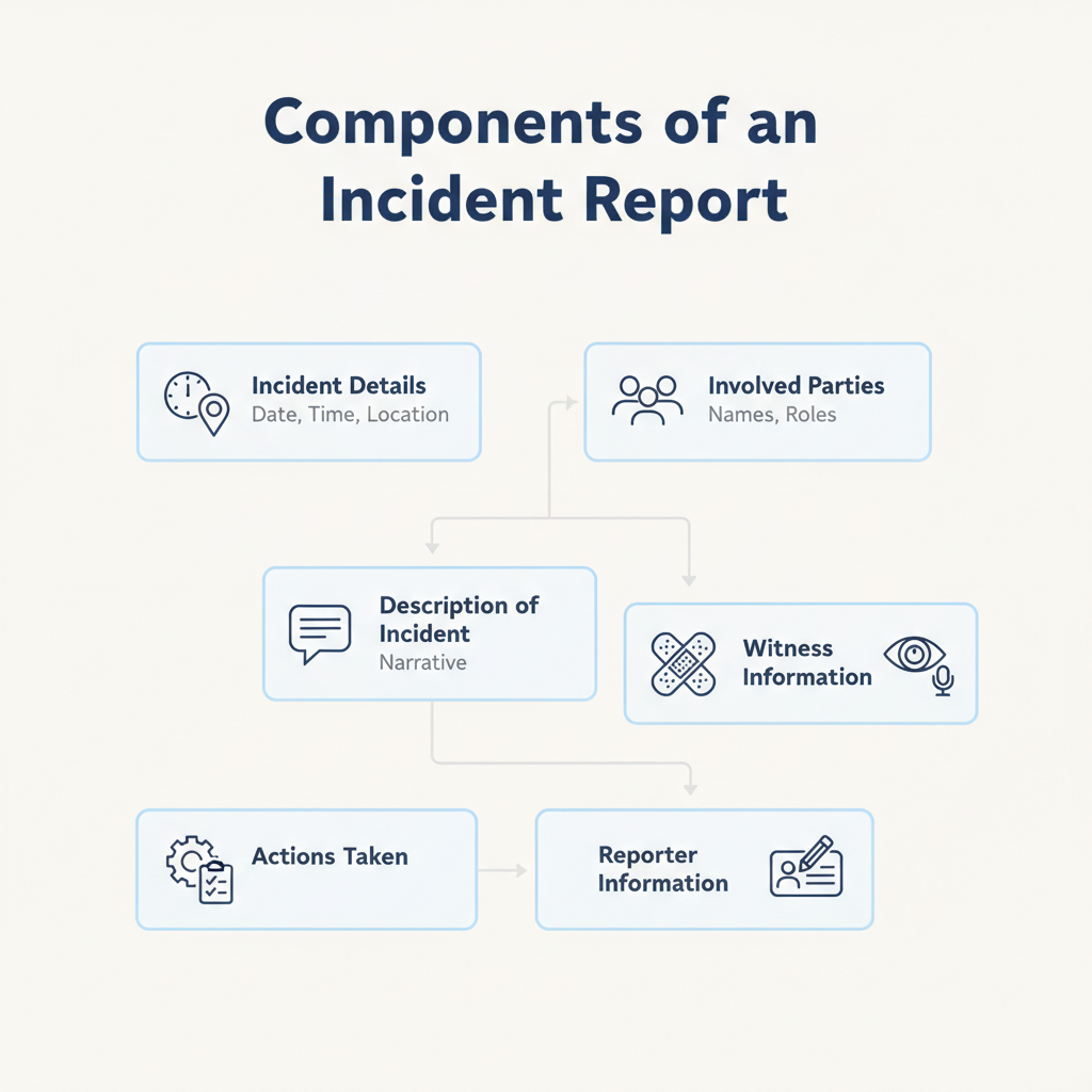 Diagram showing the essential sections found in a typical incident report form.