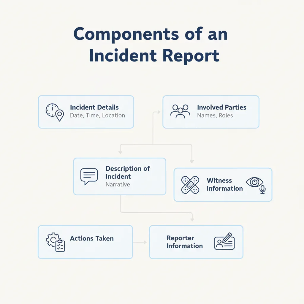Diagram showing the essential sections found in a typical incident report form.