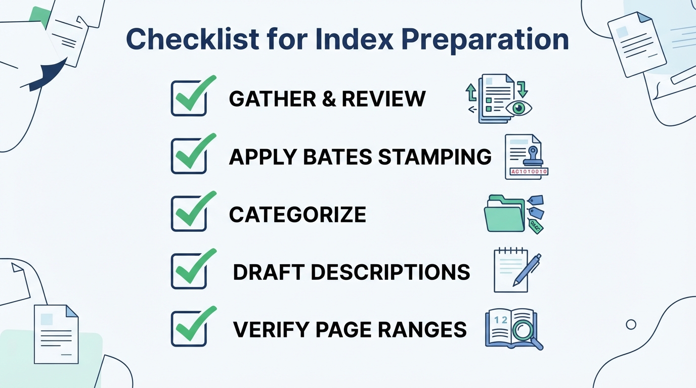 Checklist showing the steps to prepare a legal exhibit index.