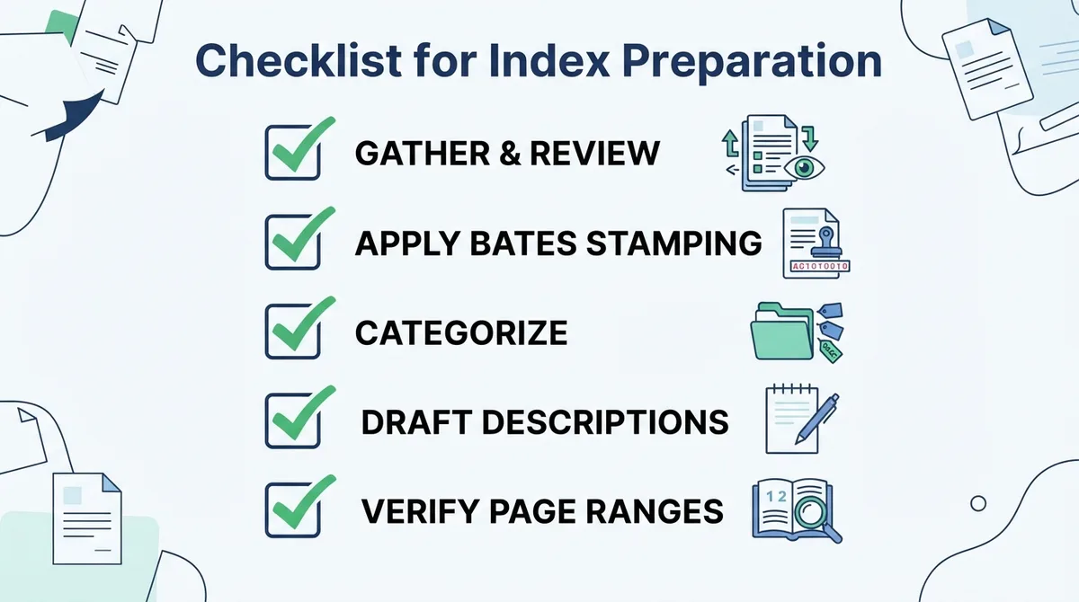 Checklist showing the steps to prepare a legal exhibit index.