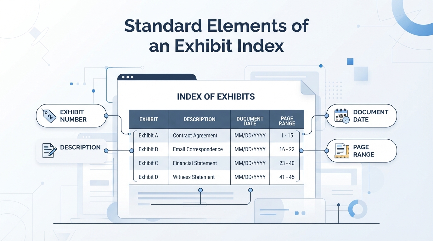 Diagram showing the layout and key components of a legal index of exhibits.