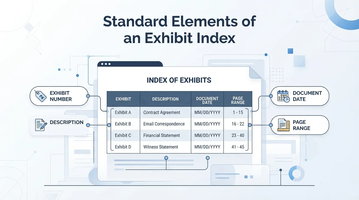 Diagram showing the layout and key components of a legal index of exhibits.