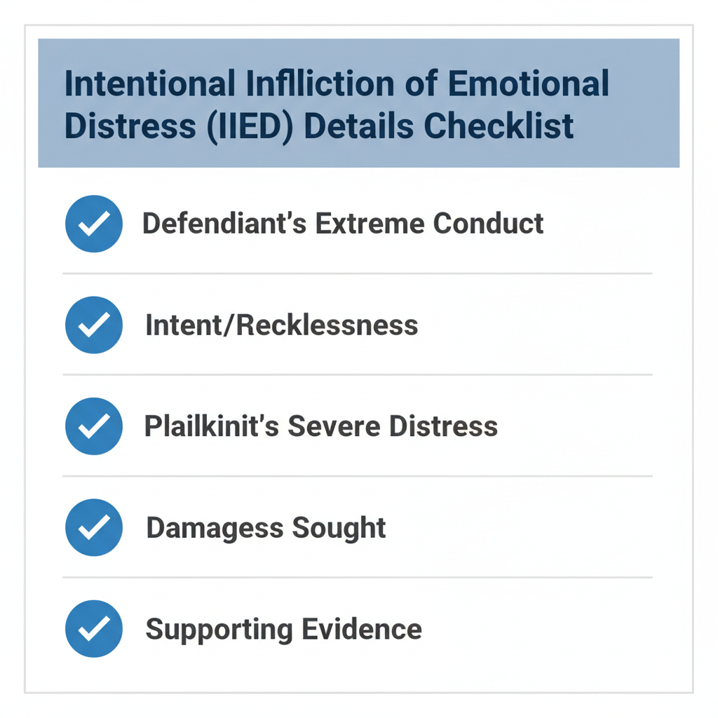 Checklist of details commonly addressed in a Intentional Infliction of Emotional Distress (IIED).