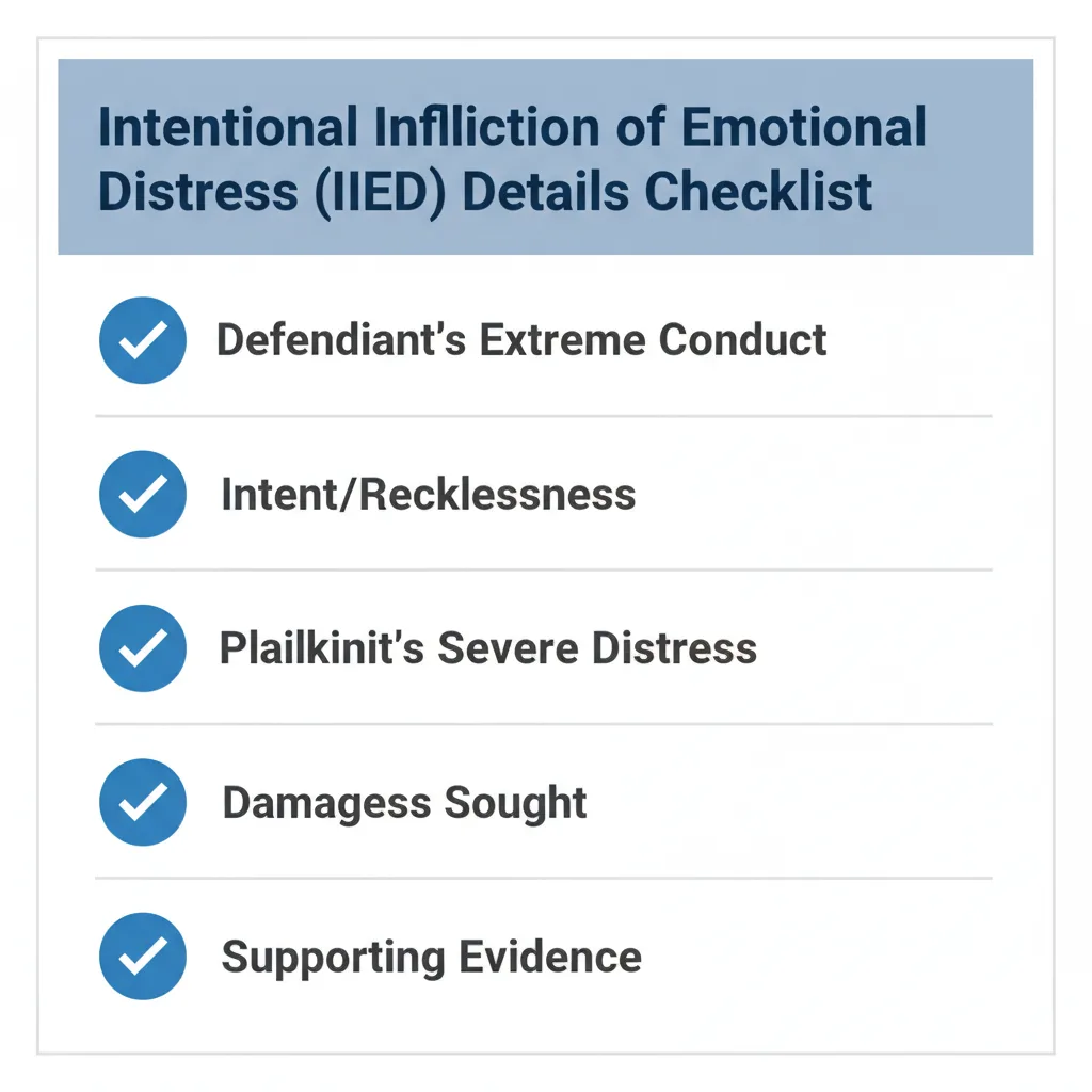 Checklist of details commonly addressed in a Intentional Infliction of Emotional Distress (IIED).