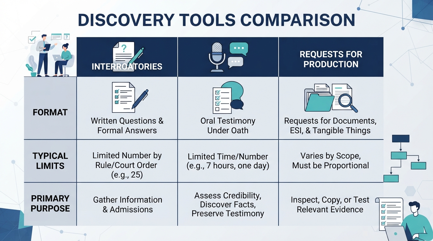 A comparison table of civil discovery tools including Interrogatories, Depositions, and Requests for Production.