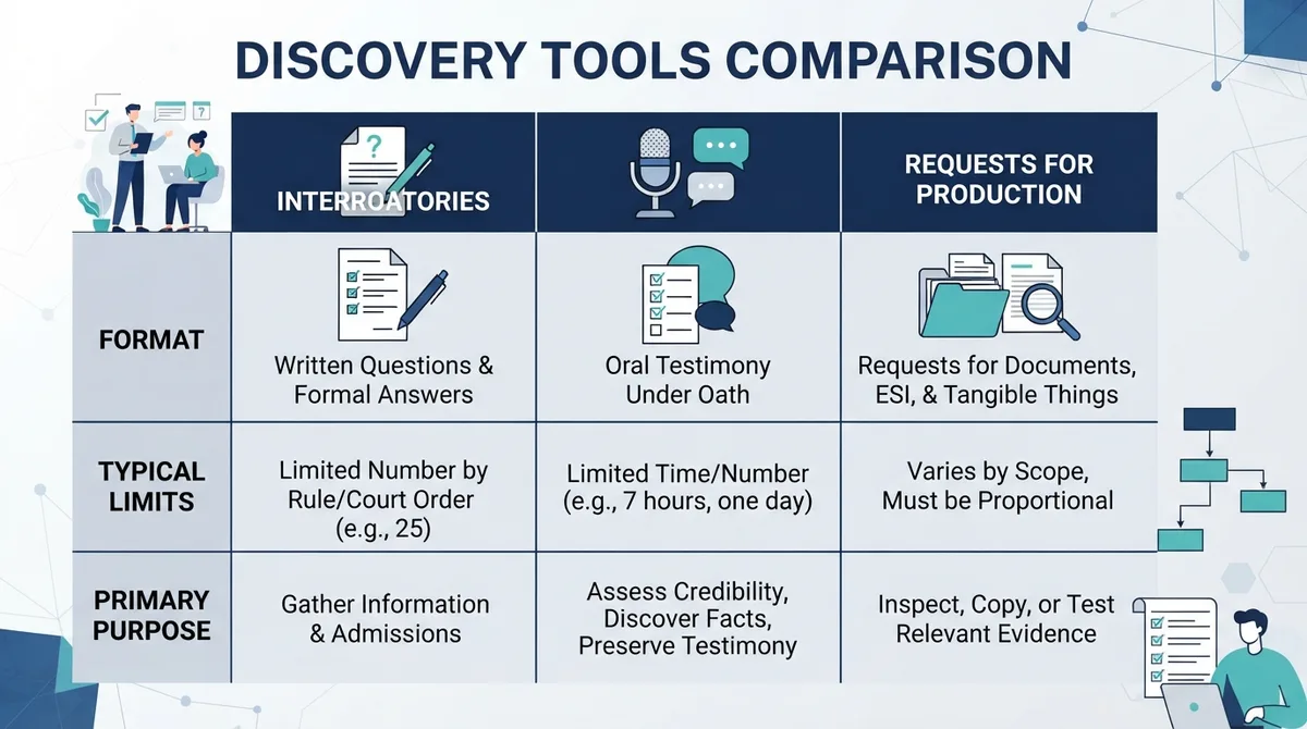 A comparison table of civil discovery tools including Interrogatories, Depositions, and Requests for Production.