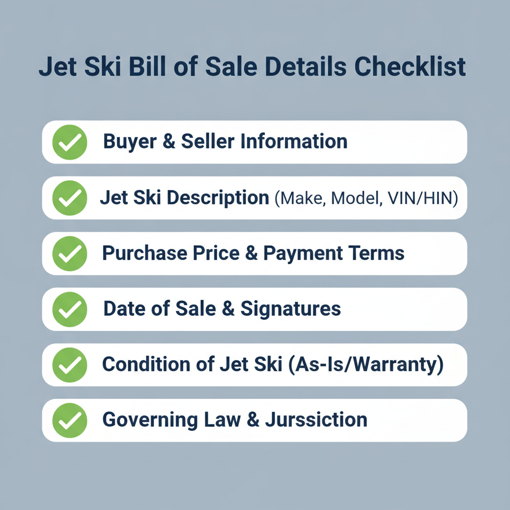 Checklist of details commonly addressed in a Jet Ski Bill of Sale.
