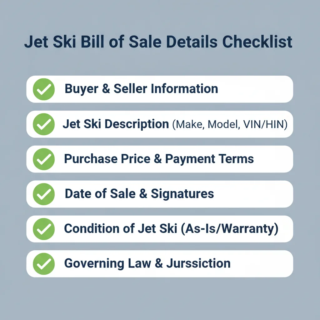 Checklist of details commonly addressed in a Jet Ski Bill of Sale.