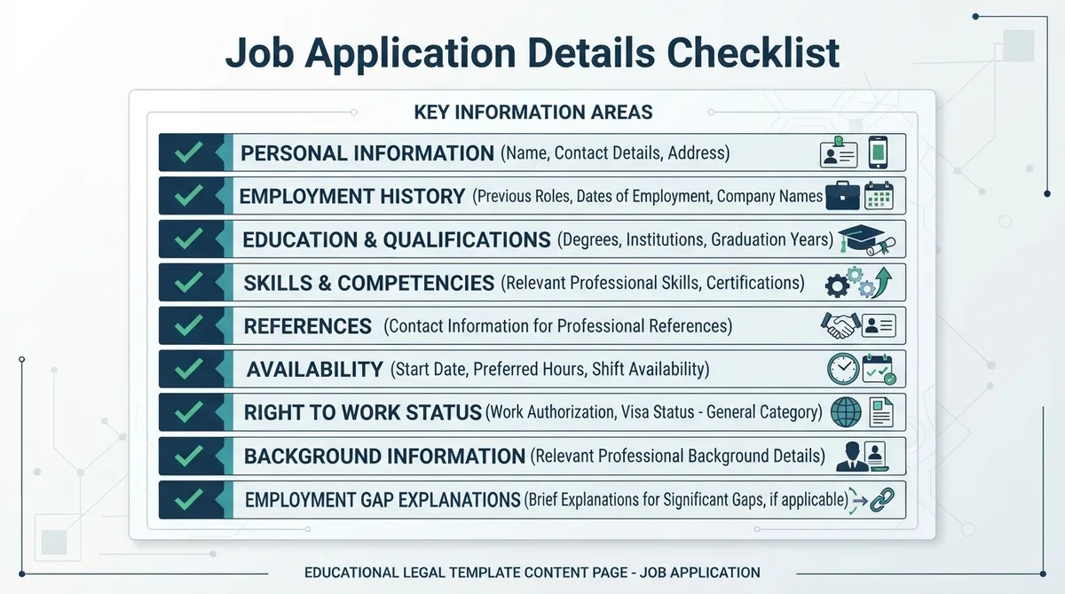Checklist of details commonly addressed in a Job Application.