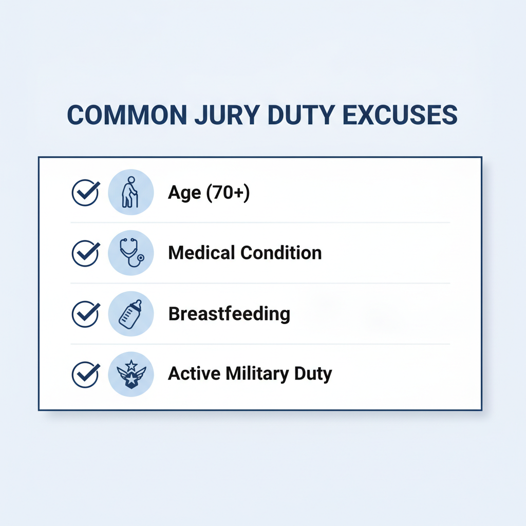 Checklist of common reasons for jury duty excusal, including age, medical condition, breastfeeding, and military duty, each with a corresponding icon.