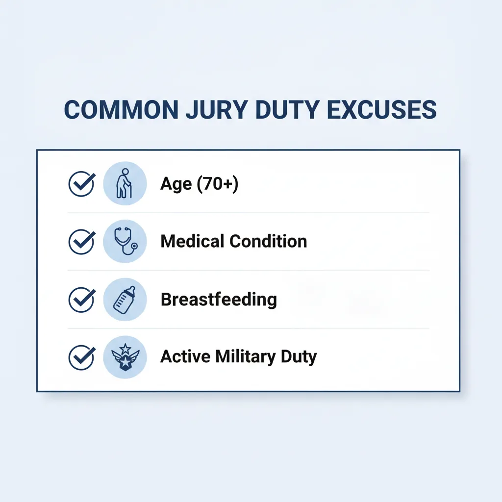 Checklist of common reasons for jury duty excusal, including age, medical condition, breastfeeding, and military duty, each with a corresponding icon.