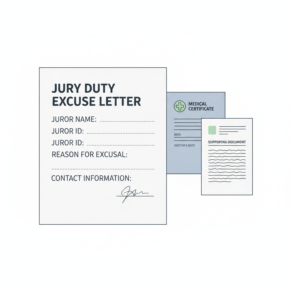 Illustration showing a jury duty excuse letter with fields for juror information and reason, accompanied by supporting documents like a doctor's note.