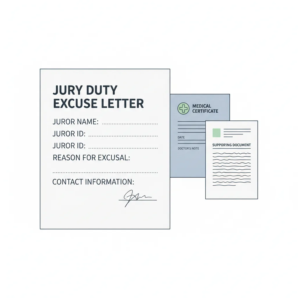 Illustration showing a jury duty excuse letter with fields for juror information and reason, accompanied by supporting documents like a doctor's note.