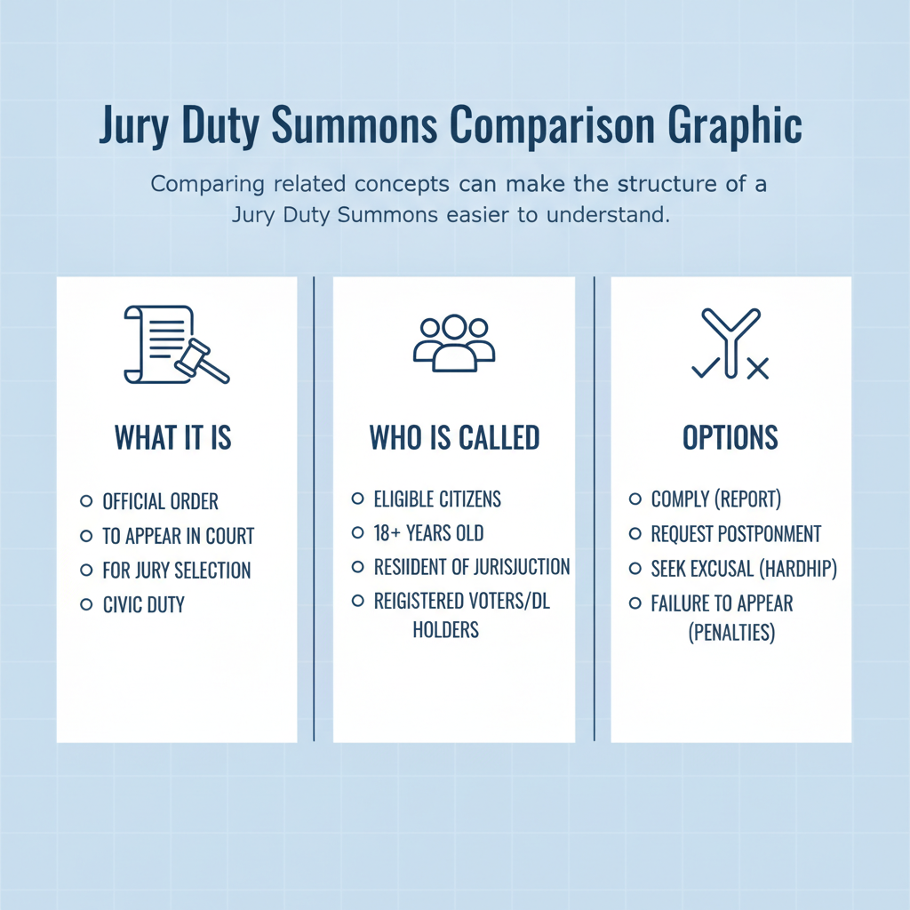 Comparison graphic explaining concepts related to a Jury Duty Summons.
