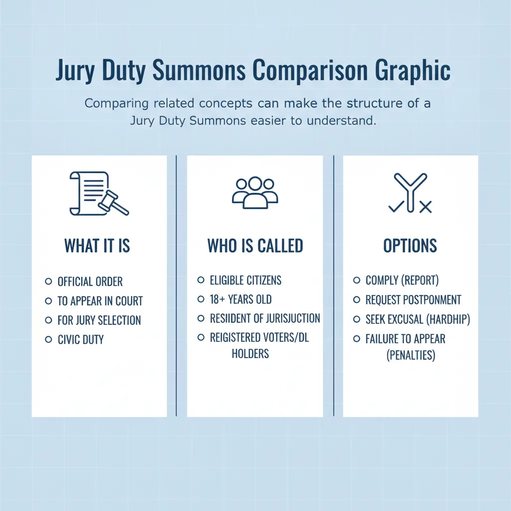 Comparison graphic explaining concepts related to a Jury Duty Summons.