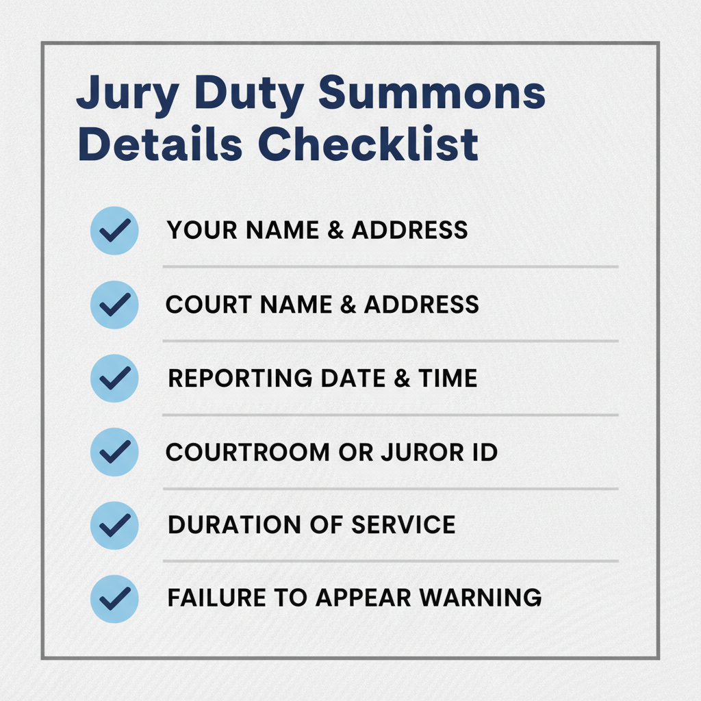 Checklist of details commonly addressed in a Jury Duty Summons.