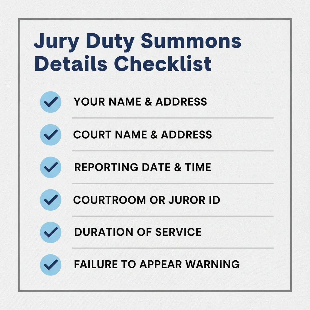 Checklist of details commonly addressed in a Jury Duty Summons.