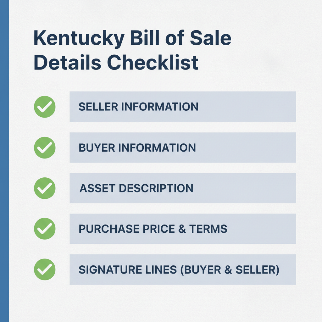Checklist of details commonly addressed in a Kentucky Bill of Sale.