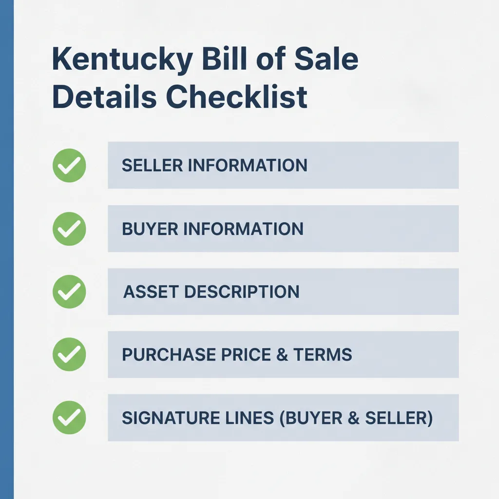 Checklist of details commonly addressed in a Kentucky Bill of Sale.