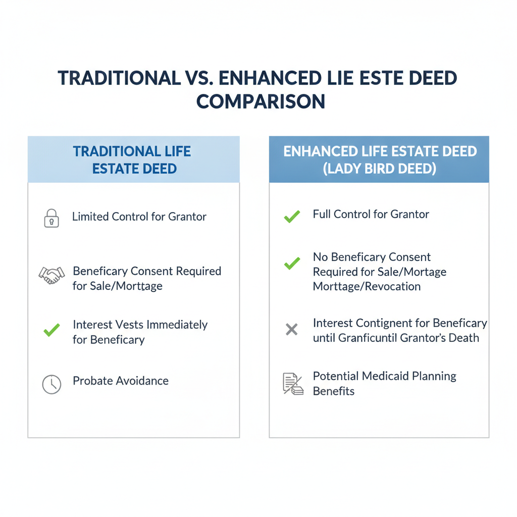 Comparison table highlighting key differences between a Traditional Life Estate Deed and an Enhanced Life Estate Deed (Lady Bird Deed).