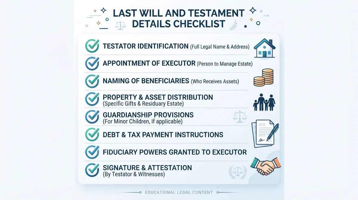 Checklist of details commonly addressed in a Last Will and Testament.