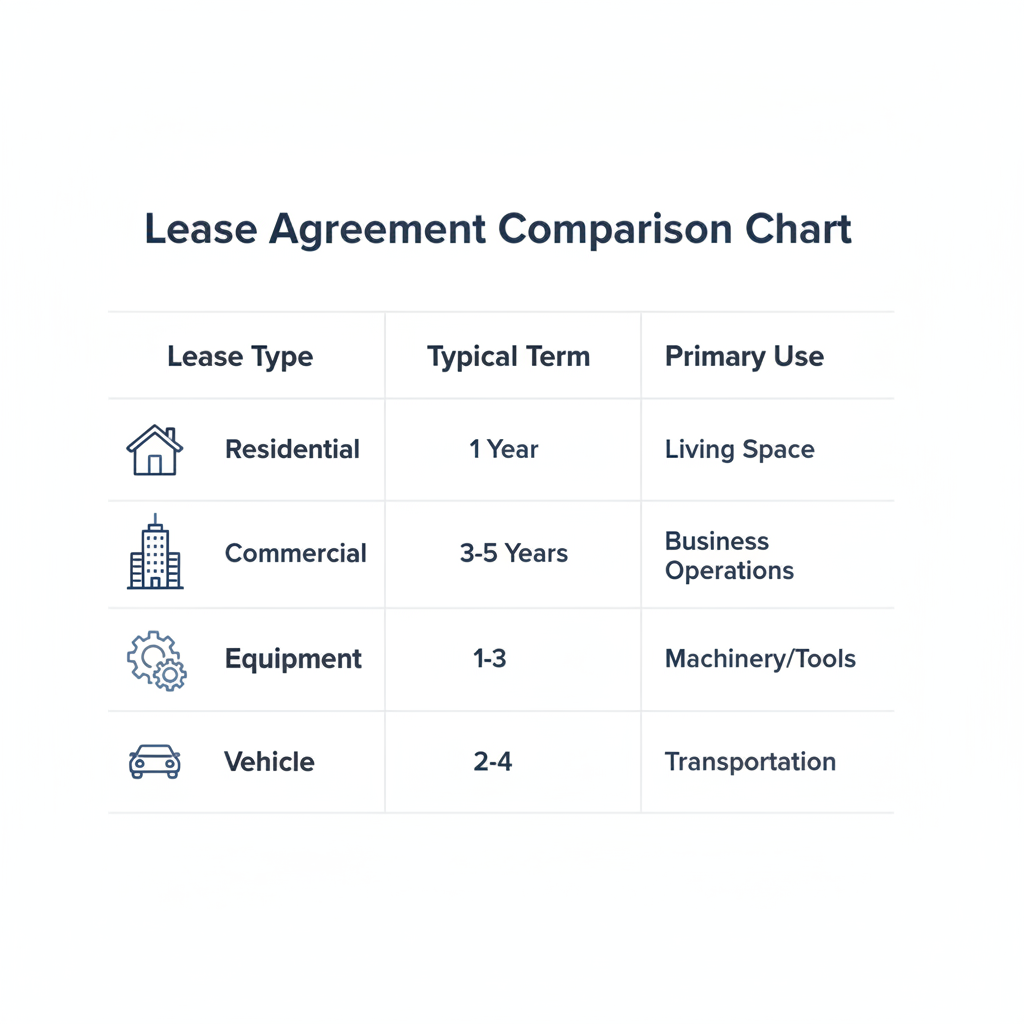 Comparison chart outlining different types of lease agreements, their typical terms, and primary uses.