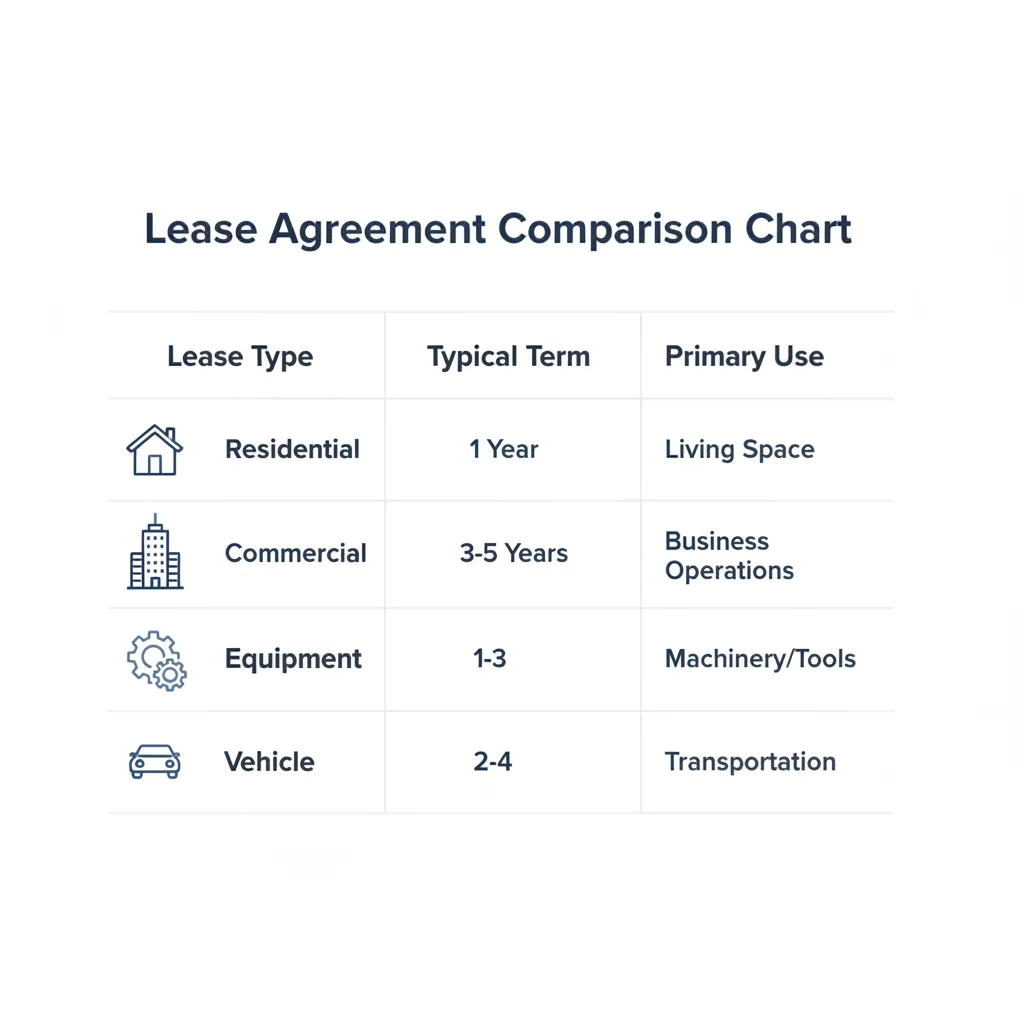 Comparison chart outlining different types of lease agreements, their typical terms, and primary uses.