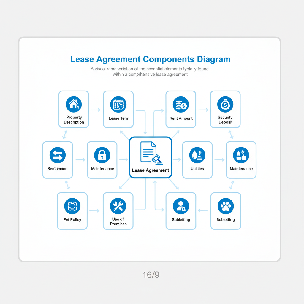 Diagram showing the key components of a lease agreement, such as rent, lease term, and security deposit.