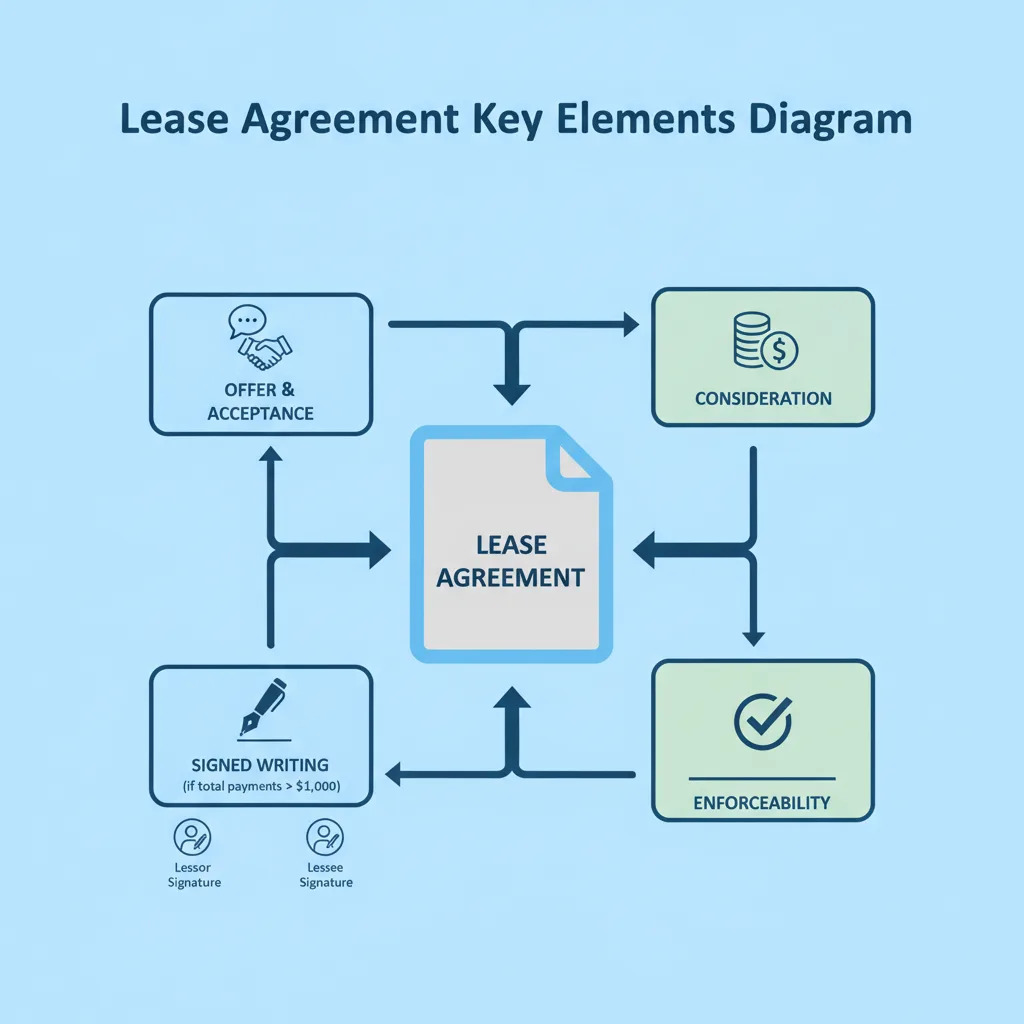 Diagram showing the key elements for a legally enforceable lease agreement, including offer, acceptance, consideration, and a signed writing.
