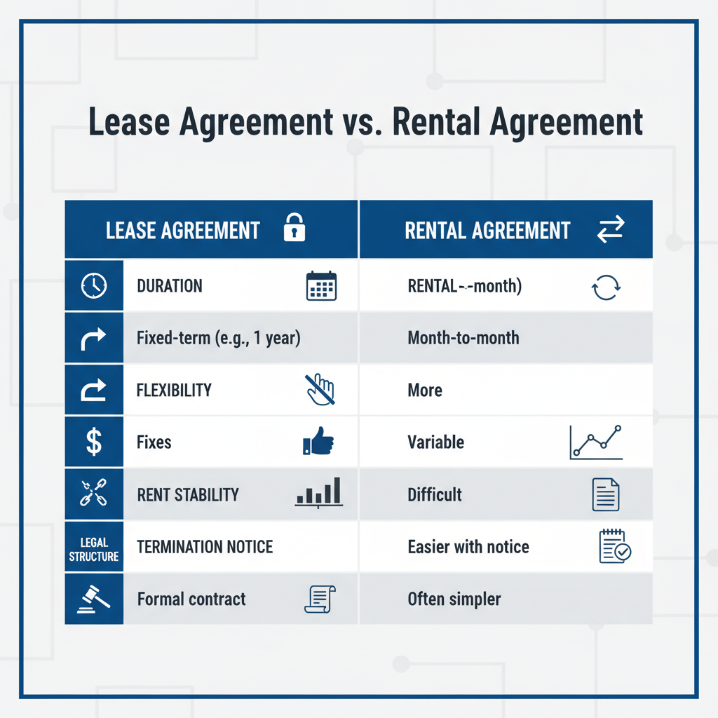 Comparison table highlighting the differences between a lease agreement and a rental agreement, focusing on duration, flexibility, and rent stability.