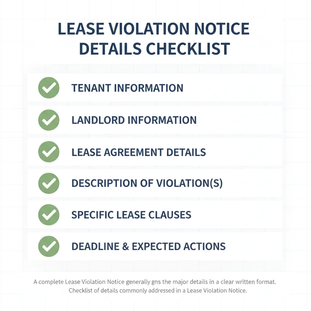 Checklist of details commonly addressed in a Lease Violation Notice.