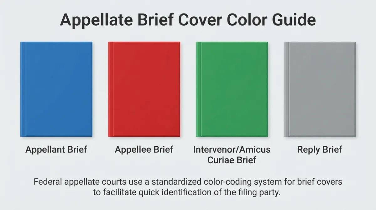 An infographic illustrating the standard cover color conventions for federal appellate briefs: blue for appellant, red for appellee, green for amicus, and gray for reply briefs.