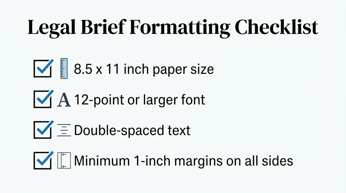A checklist graphic displaying the standard formatting requirements for drafting a legal brief.