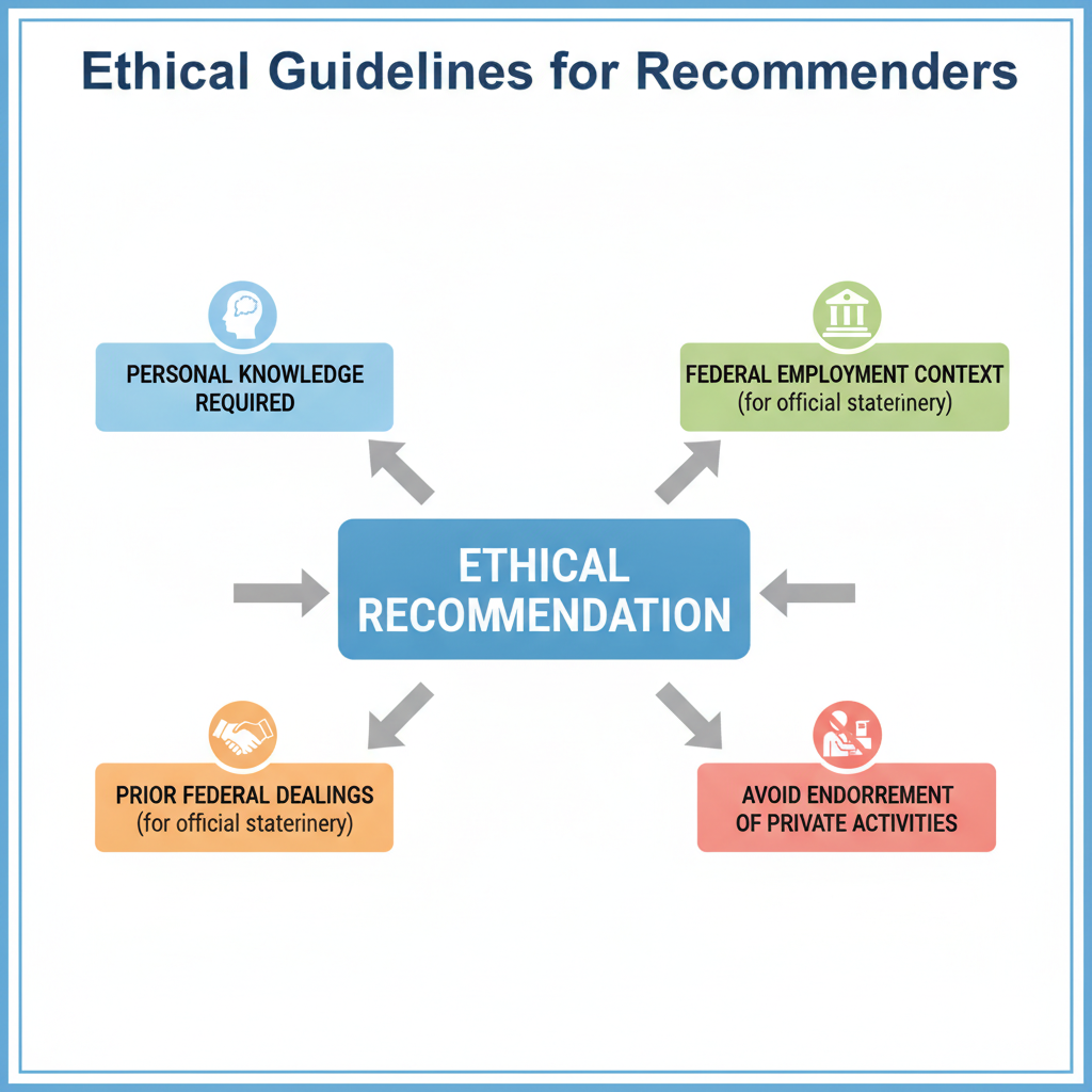 Diagram illustrating ethical guidelines for writing letters of recommendation, focusing on federal employment and personal knowledge.