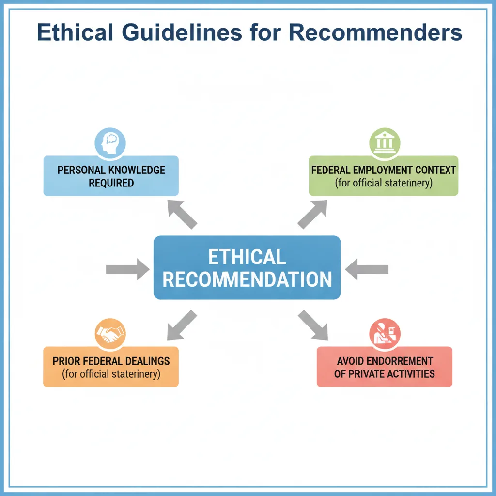 Diagram illustrating ethical guidelines for writing letters of recommendation, focusing on federal employment and personal knowledge.