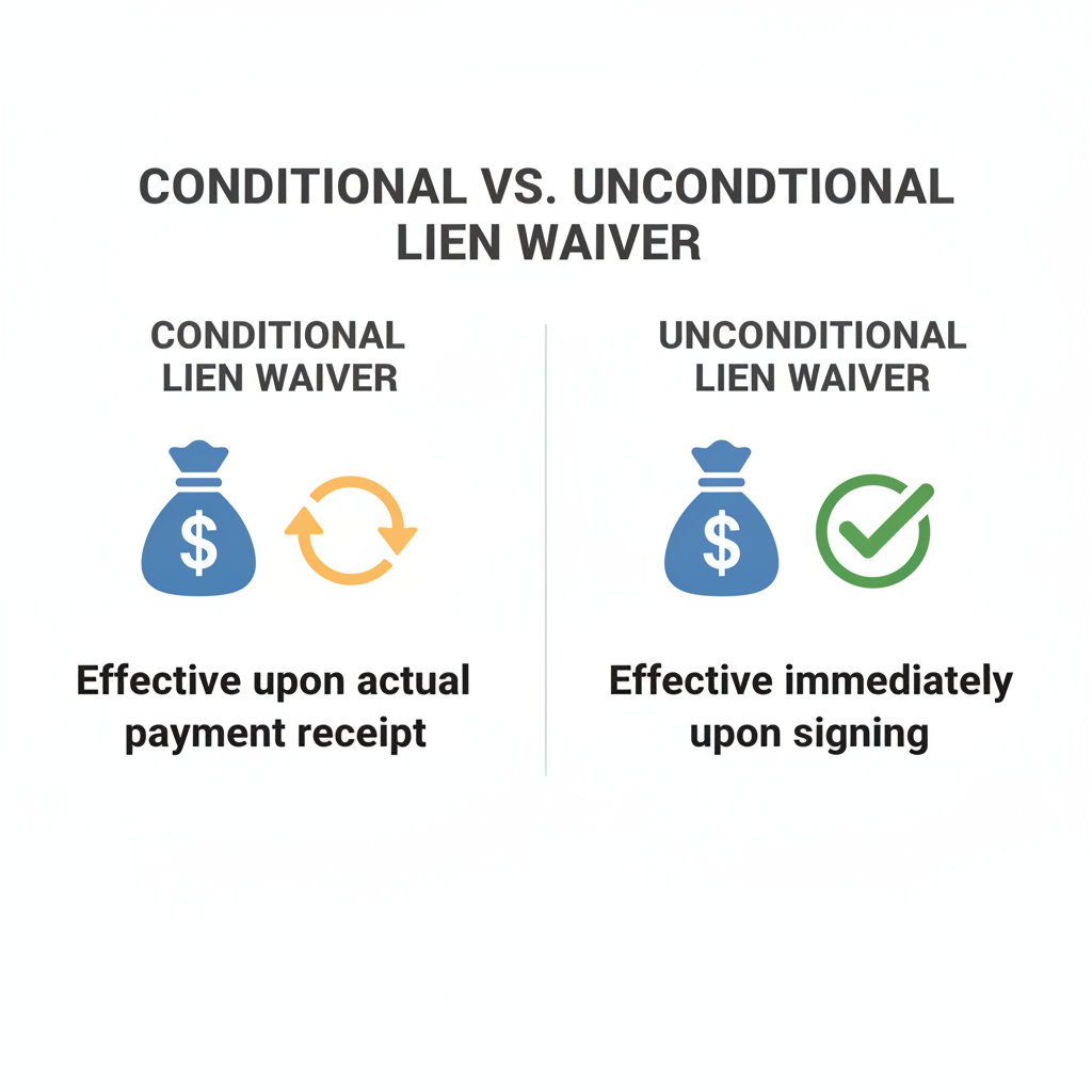 Comparison of conditional and unconditional lien waivers, showing conditional effective upon payment receipt and unconditional effective upon signing.