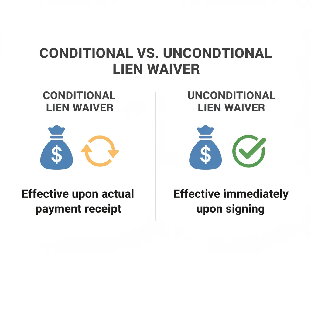Comparison of conditional and unconditional lien waivers, showing conditional effective upon payment receipt and unconditional effective upon signing.