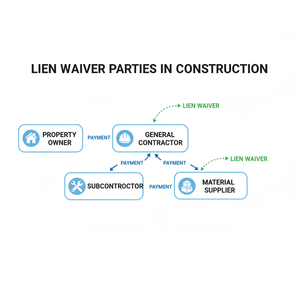 Diagram illustrating the parties involved in a construction lien waiver: Property Owner, General Contractor, Subcontractor, and Material Supplier, showing the exchange of payments