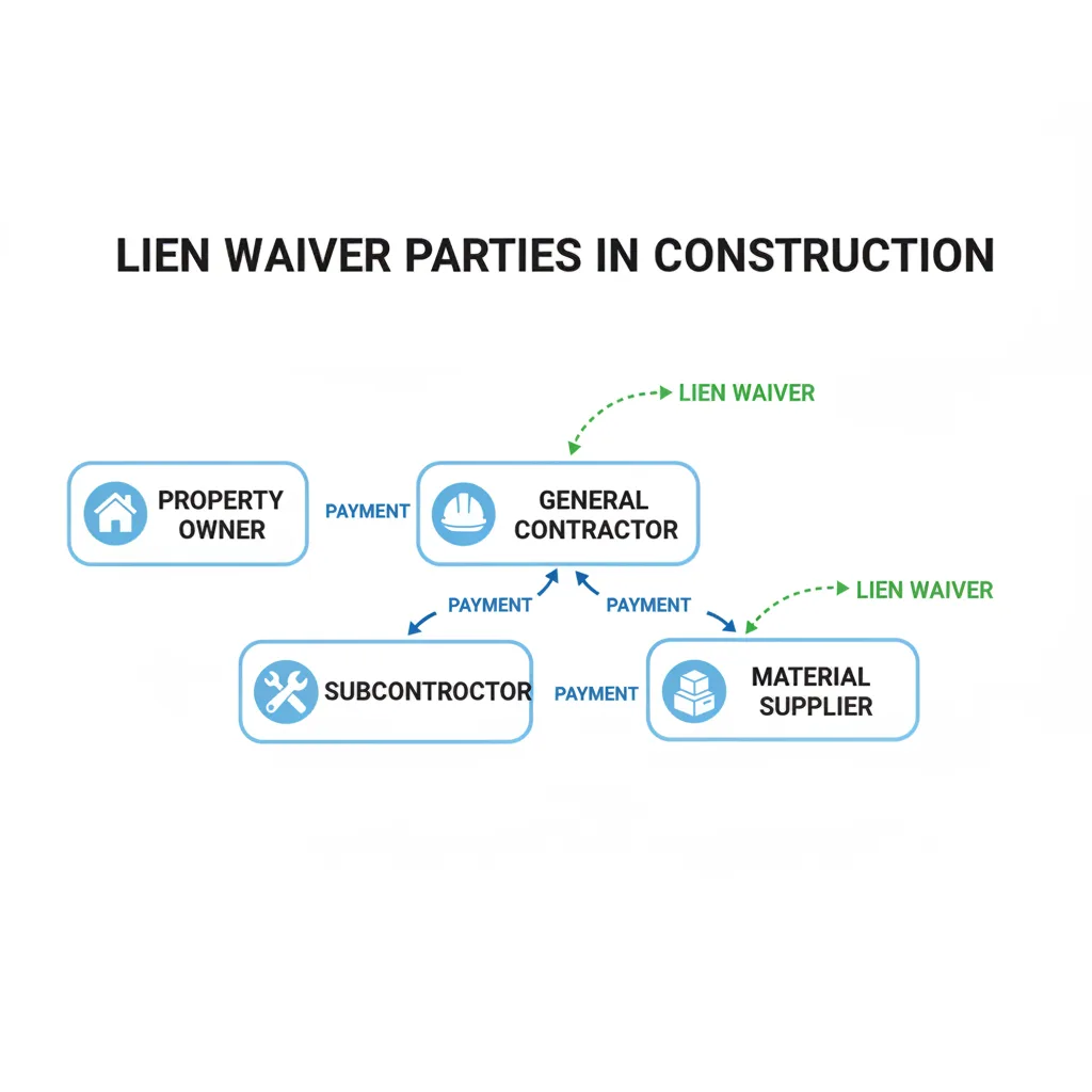 Diagram illustrating the parties involved in a construction lien waiver: Property Owner, General Contractor, Subcontractor, and Material Supplier, showing the exchange of payments