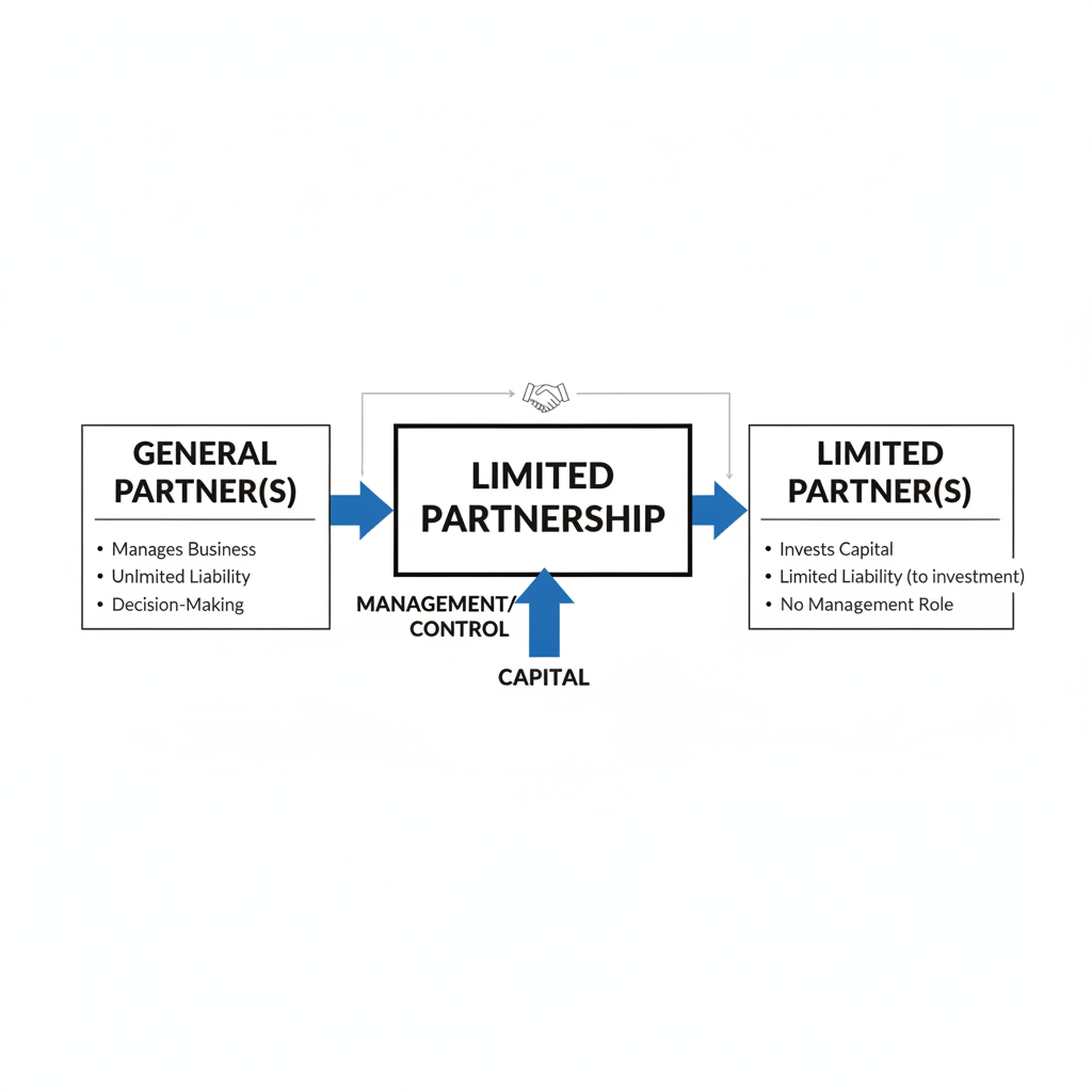 Diagram showing the structure of a limited partnership with general partners managing the business and having unlimited liability, and limited partners investing capital with limit