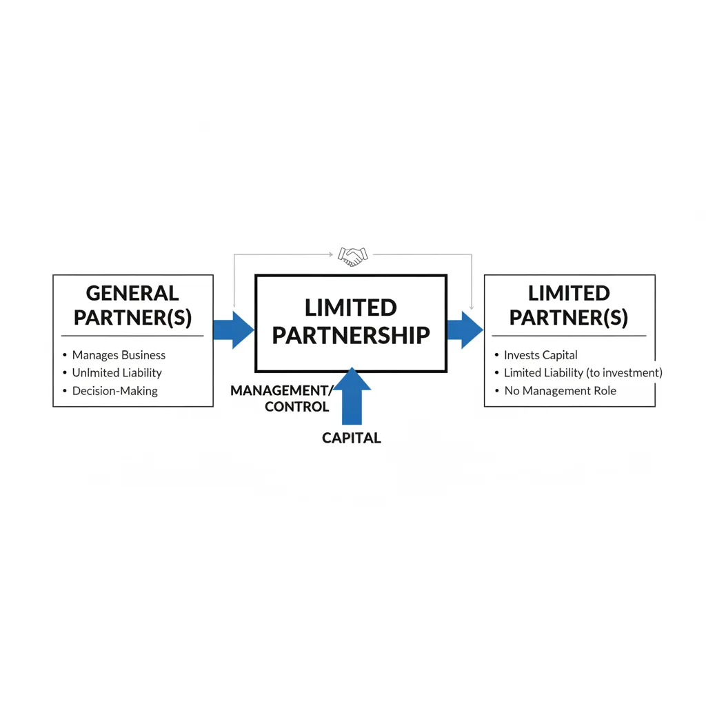Diagram showing the structure of a limited partnership with general partners managing the business and having unlimited liability, and limited partners investing capital with limit