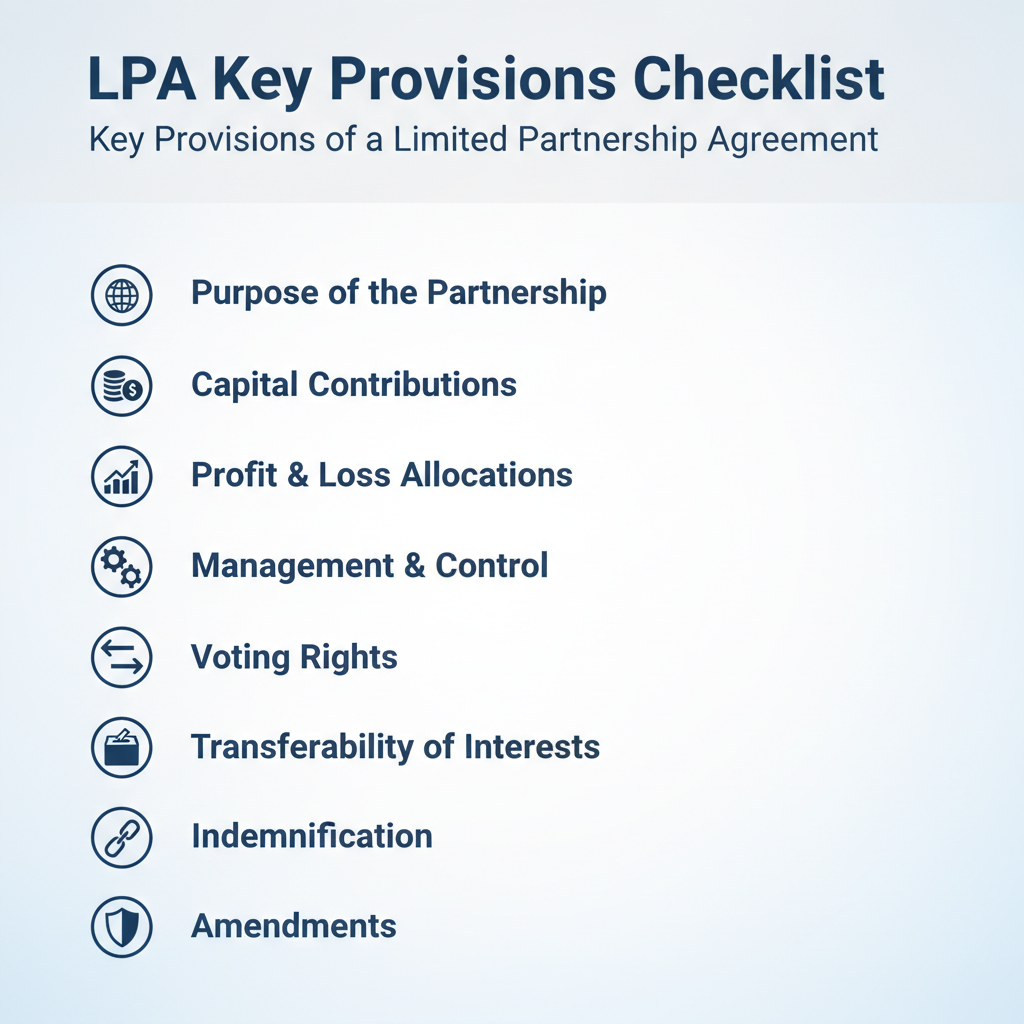 Checklist of key provisions typically found in a Limited Partnership Agreement, including purpose, capital contributions, profit allocation, management, and dissolution.